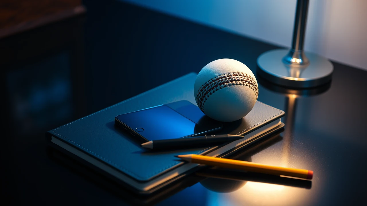 A plain white cricket ball, its single stitched seam running straight around its middle like an equator, resting on a closed plain dark notebook on a dark glossy desk under a soft blue lamp glow, a smartphone lying face down beside it and a black pen lying across the notebook cover, gentle reflections on the polished surface, rendered with material and light