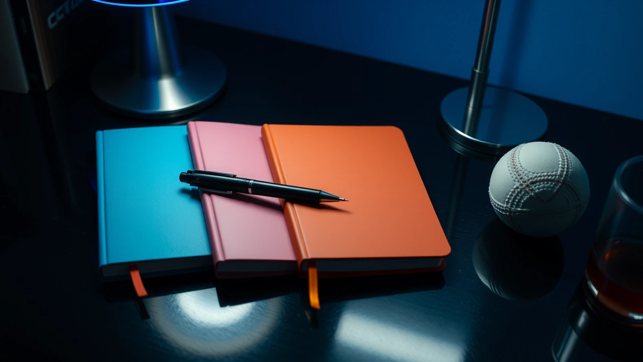 Three plain closed notebooks with smooth covers in soft blue, rose pink and amber lying side by side on a dark glossy desk under a cool blue lamp glow, a black pen resting across the middle one and a white cricket ball at the right edge of the frame, soft reflections on the polished surface