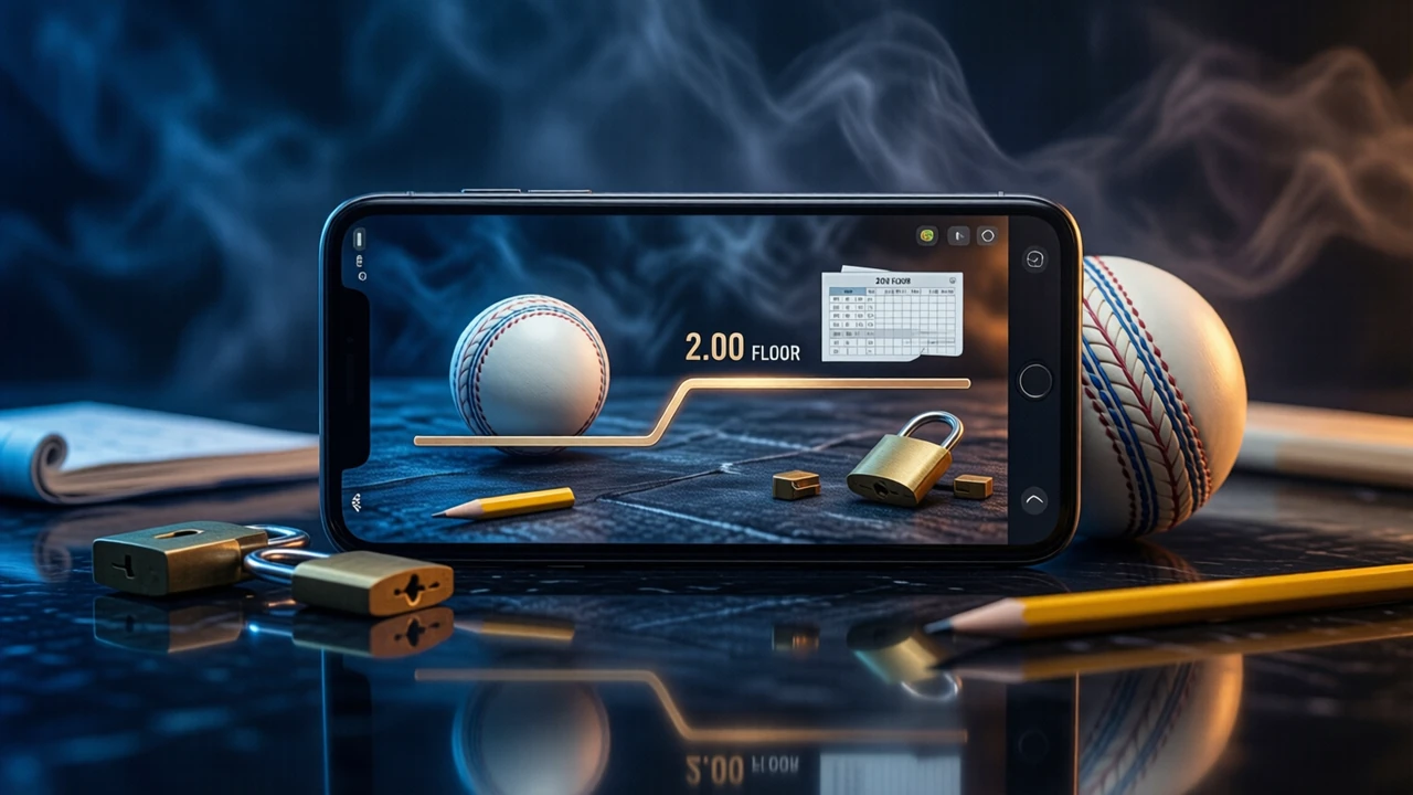 A smartphone lying flat on a dark glossy surface under a deep blue glow, its screen showing a clean infographic of a single horizontal line with a raised step in the middle and the single line 2.00 FLOOR printed above the step, a white cricket ball resting against the phone and a small brass padlock lying open beside it, a soft mirror reflection of everything on the polished surface, rendered with material and light
