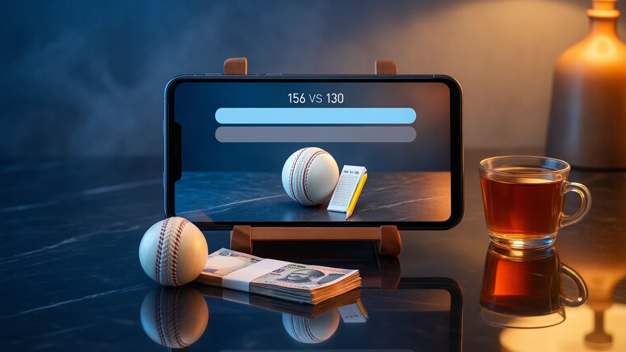 A smartphone on a small stand on a dark glossy desk under a warm amber glow, its screen showing two stacked horizontal bars, the longer in soft blue and the shorter in muted grey, with the single line 156 VS 130 printed above them, a white cricket ball and a short stack of folded rupee notes in front of the stand, the whole scene softly mirrored in the polished desk