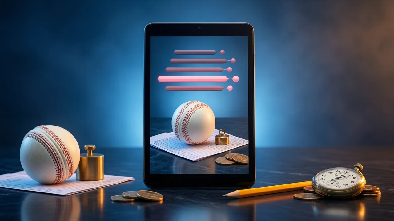 A tablet standing upright on a dark glossy desk, its screen showing five stacked horizontal bars of different lengths each ending in a small round marker, one bar highlighted in soft rose pink, a white cricket ball resting on a folded paper scorecard in front of it beside a small brass weight, a soft blue glow behind, rendered with material and light