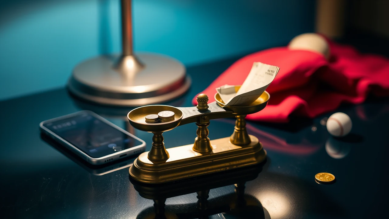 A small old-fashioned brass balance scale standing on a dark glossy desk under a cool teal lamp glow, one pan holding a few loose Indian coins and the other a folded paper slip, the beam tilted slightly, a smartphone lying face down behind it and a white cricket ball at the edge of the frame, soft reflections on the polished surface