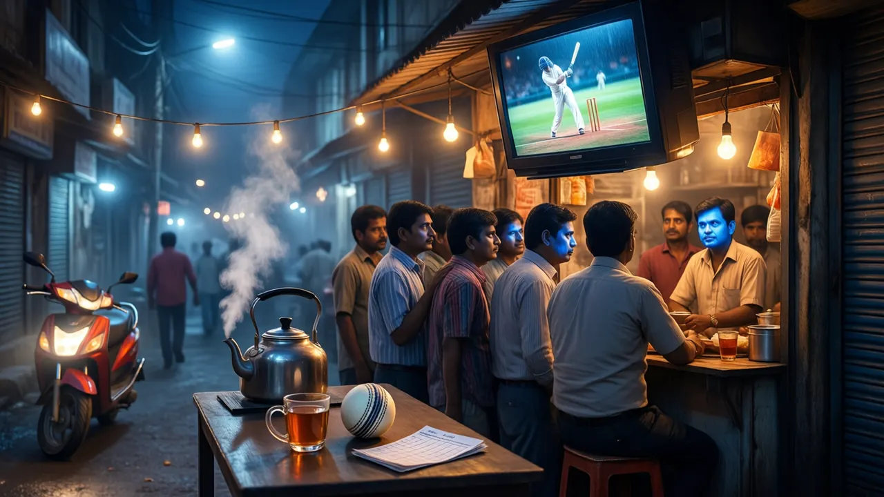 A narrow Indian street at night outside a small tea stall, a crowd leaning toward a television high on the stall wall showing a floodlit cricket pitch with a batter at the wooden stumps, steam rising from a kettle in front, bare bulbs strung overhead, a parked scooter catching the light, faces lit cool blue from the screen and warm amber from the stall, the world where a live price is watched, rendered with depth