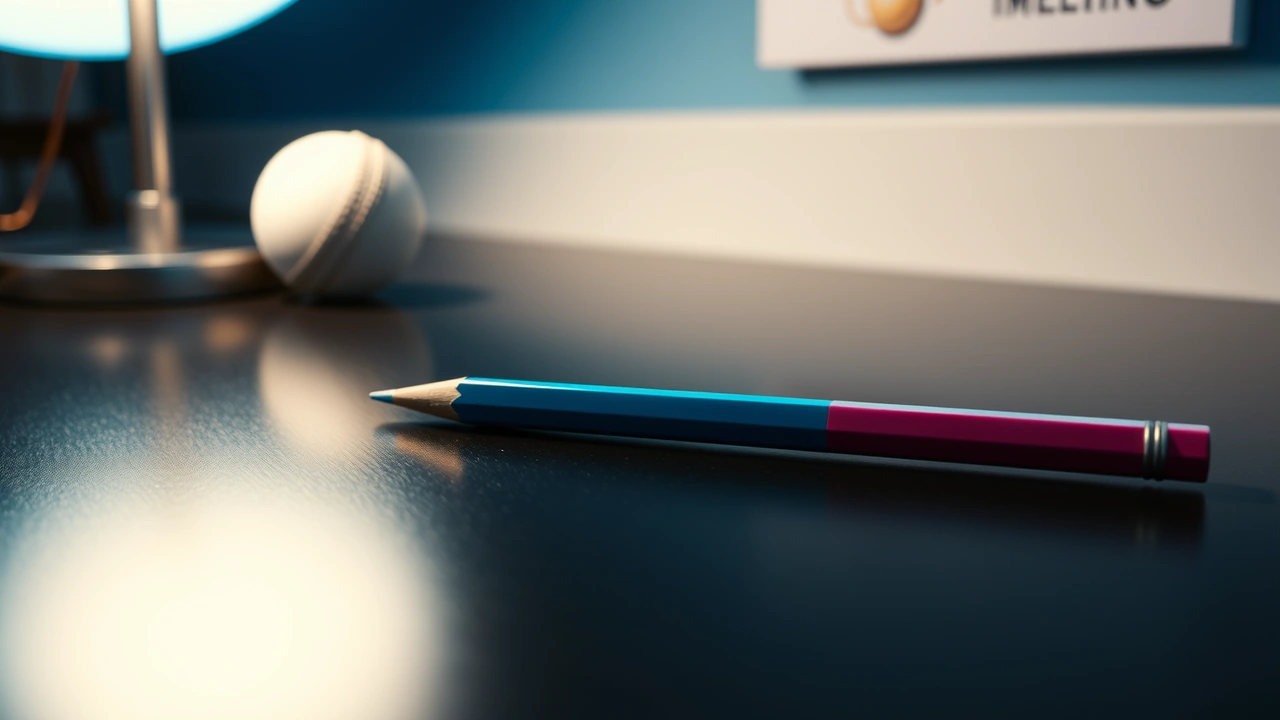 A slim steel ruler and two short pencils, one soft blue and one soft rose pink, lying parallel on a dark glossy desk under a soft blue lamp, a white cricket ball resting in the far corner of the frame, soft reflections on the polished surface