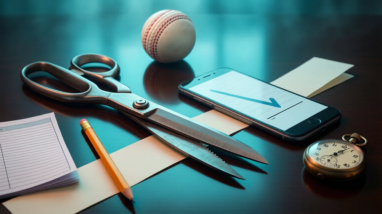 A pair of heavy steel scissors lying open on a dark glossy desk under a cool teal glow, one blade resting across a long strip of pale paper that is cut part way through, beside it a smartphone lying flat whose screen shows a clean infographic of a single downward line that stops at a short flat level segment, a white cricket ball in the background, a soft mirror reflection of everything on the polished surface