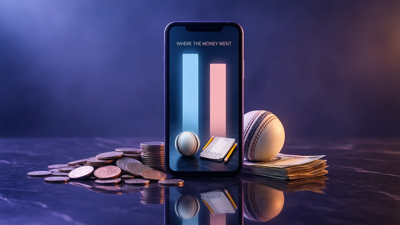 A smartphone on a dark glossy surface under a violet glow, its screen showing two tall vertical bars side by side, the left in soft blue far taller than the right in soft rose pink, with the single line WHERE THE MONEY WENT printed above them, a heap of loose Indian coins and two folded paper notes beside the phone, everything softly mirrored in the polished surface