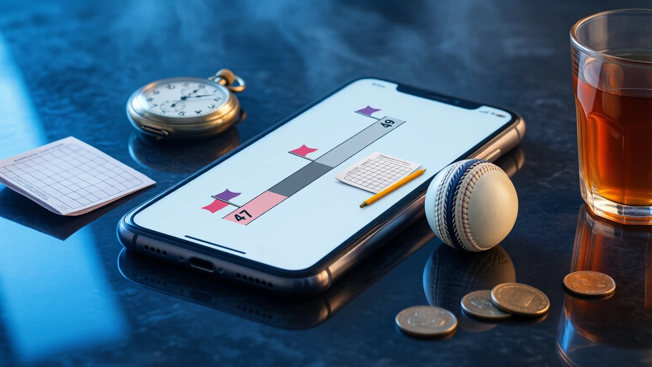 A smartphone lying flat on a dark glossy stone surface under a cool blue glow, its screen filled with a clean infographic of a horizontal run scale with the numbers 47 and 49 marked by two coloured flags and the narrow space between them shaded grey, beside the phone a small white cricket ball with a raised dark seam and a folded paper scorecard, soft reflections of the phone and ball on the polished surface