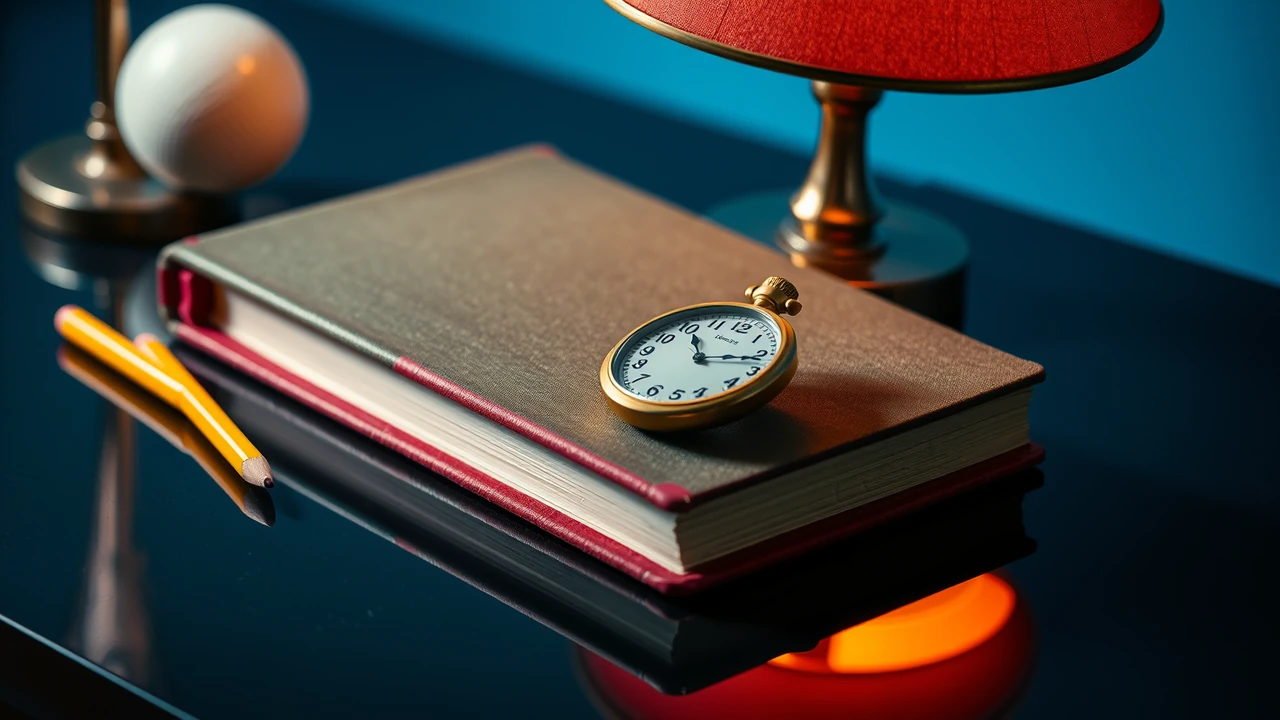 A small brass stopwatch lying beside a closed cloth-bound book with a plain dark green cover, a short yellow pencil resting on the cover, under a warm amber lamp on a dark glossy desk, a white cricket ball at the top of the frame, soft reflections on the polished surface